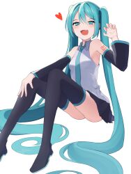 1girl :d absurdres ass blue_eyes blue_hair blush boots claw_pose collared_shirt detached_sleeves fang funakinuta hand_on_own_knee hatsune_miku heart highres long_hair long_sleeves looking_at_viewer necktie open_mouth pleated_skirt shirt sitting skirt sleeveless sleeveless_shirt smile solo thigh_boots twintails very_long_hair vocaloid
