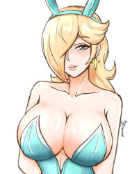 Rule 34 | 1girl, ajcrowned, animal ears, artist name, bare shoulders, blonde hair, blue eyes, blue leotard, breasts, cleavage, collarbone, commentary, earrings, english commentary, fake animal ears, hair over one eye, highres, jewelry, large breasts, leotard, looking at viewer, mario (series), nintendo, parted lips, playboy bunny, rabbit ears, rosalina, smile, solo, star (symbol), star earrings, strapless, strapless leotard, white background