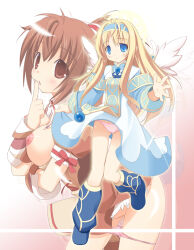 Rule 34 | 2girls, ahoge, angel, blonde hair, blue boots, blue dress, blue eyes, blue hairband, boots, breasts, brown dress, brown eyes, brown hair, cleft of venus, dress, emil chronicle online, hairband, marcia (eco), medium breasts, multiple girls, nipples, panties, pink panties, ponytail, pussy, tita (eco), underwear, undressing, white wings, wings, yasuki (yaski)