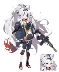 1girl ahoge animal_ear_request asymmetrical_legwear black_gloves black_jacket black_skirt black_thighhighs blue_eyes brown_vest combat_knife commentary eyebrows_hidden_by_hair eyepatch fang gloves gun handgun heterochromia highres holding holding_gun holding_knife holding_weapon jacket knife light_smile long_bangs long_hair long_sleeves miniskirt multiple_views open_clothes open_jacket original pink_eyes pleated_skirt ramuri rifle shirt simple_background single_thighhigh skirt solo_focus thighhighs very_long_hair vest wavy_hair weapon white_background white_hair white_shirt