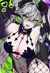 1girl black_hands black_leotard body_markings breasts choker cleavage colored_extremities covered_navel crossed_bangs demon_girl demon_horns demon_wings detached_collar ear_piercing fate/grand_order fate_(series) fishnet_pantyhose fishnets green_eyes grey_hair hair_between_eyes horns large_breasts leotard lilith_(fate) long_hair looking_at_viewer navel open_mouth pantyhose piercing pointy_ears satou_nui smile solo_focus stomach_tattoo tattoo tongue tongue_out twintails very_long_hair wings wrist_cuffs