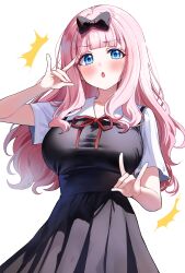 Rule 34 | 1girl, :o, absurdres, black bow, black dress, blue eyes, blush, bow, breasts, collarbone, collared dress, dress, fox shadow puppet, fujiwara chika, hair bow, highres, kaguya-sama wa kokurasetai ~tensai-tachi no renai zunousen~, large breasts, long hair, looking at viewer, neck ribbon, open mouth, pink hair, pleated dress, red ribbon, ribbon, sak (lemondisk), school uniform, short sleeves, shuuchiin academy school uniform, simple background, solo, summer uniform, white background
