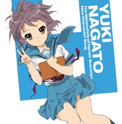Rule 34 | 1girl, album cover, blue sailor collar, blue skirt, book, brown eyes, cover, falling, h (letter), highres, kita high school uniform, nagato yuki, nishiya futoshi, official art, purple hair, sailor collar, school uniform, serafuku, short hair, skirt, solo, suzumiya haruhi no yuuutsu, v, white background