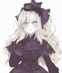 1girl ariamoo808313 ascot black_ascot black_dress black_gloves black_hat blue_eyes blush buttons commentary curtained_hair dress english_commentary fate/grand_order fate_(series) frilled_ascot frills gloves hat high_collar highres kriemhild_(fate) kriemhild_(first_ascension)_(fate) layered_dress long_hair long_sidelocks long_sleeves looking_at_viewer mole mole_under_eye nervous open_mouth pale_skin parted_bangs puffy_long_sleeves puffy_sleeves shy sidelocks simple_background solo swept_bangs white_background white_hair