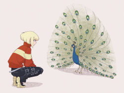 1boy androgynous bird black_boots black_pants boots firefighter_jacket green_hair jacket lio_fotia looking_at_animal male_focus pants peacock promare red_jacket short_hair simple_background solo somu_ki squatting white_background