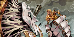1boy ameliecausse armor blonde_hair blood bloody_tears closed_eyes crying from_side giant giant_monster gold_armor gold_cloth gold_saint highres long_hair male_focus monster overcast profile saint_seiya sky streaming_tears tears virgo_shaka white_mask