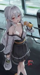 Rule 34 | 1girl, absurdres, ahoge, bag, bare shoulders, black skirt, bow, breasts, cat tail, commission, fang, hair between eyes, highres, holding, japanese clothes, long hair, looking at viewer, medium breasts, miniskirt, muhae (dcnh8882), no bra, off shoulder, open mouth, original, plastic bag, pleated skirt, pointy ears, red eyes, shirt, shirt tucked in, skirt, solo, sweat, tail, tail bow, tail ornament, very long hair, walking, white hair, white shirt