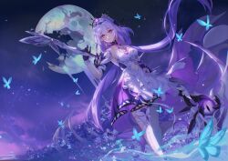 1girl black_tiara breasts bug butterfly castorice_(honkai:_star_rail) celtreny commentary crescent_moon dress english_commentary highres holding holding_scythe honkai:_star_rail honkai_(series) insect long_hair looking_at_viewer medium_breasts moon night night_sky outdoors pantyhose pointy_ears purple_eyes purple_hair scythe sky smile solo tiara white_dress white_pantyhose