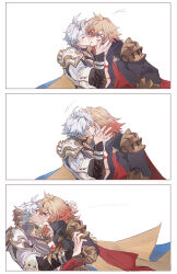 2boys absurdres antenna_hair armor black_choker black_coat black_shirt blonde_hair blue_cape blue_eyes braid cape chest_tattoo choker clawed_gauntlets coat earrings eye_contact facial_tattoo gold_earrings gold_necklace gradient_hair hair_between_eyes hands_on_another&#039;s_face highres honkai:_star_rail honkai_(series) jewelry kiss looking_at_another male_focus medium_hair multicolored_hair multiple_boys mydei_(honkai:_star_rail) necklace open_clothes open_coat pauldrons phainon_(honkai:_star_rail) qel red_cape red_hair red_tattoo shirt short_hair shoulder_armor side_braid side_cape simple_background single_pauldron tattoo white_background white_coat white_hair yaoi yellow_eyes
