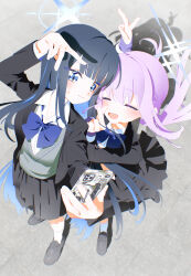 Rule 34 | 2girls, absurdres, atsuko (blue archive), black footwear, black hair, black jacket, black skirt, blazer, blue archive, blue bow, blue bowtie, blue eyes, blue hair, blunt bangs, bm tol, bow, bowtie, cellphone, closed eyes, closed mouth, doodle sensei (blue archive), finger heart, from above, glint, highres, holding, holding phone, jacket, loafers, long hair, long sleeves, multicolored hair, multiple girls, open clothes, open jacket, open mouth, phone, pleated skirt, purple hair, saori (blue archive), school uniform, selfie, sensei (blue archive), shirt, shoes, skirt, smartphone, smile, socks, streaked hair, v, white shirt, white socks