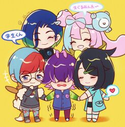 5girls alynn610 black_hair black_jacket blue_hair blue_jacket blush bow-shaped_hair camera character_hair_ornament chibi chibi_only closed_eyes closed_mouth colored_inner_hair dot_(pokemon) full_body glasses green_hair hair_ornament hairclip heart highres holding holding_camera holding_hands iono_(pokemon) jacket liko_(pokemon) long_hair long_sleeves multicolored_hair multiple_girls nintendo open_mouth penny_(pokemon) perrin_(pokemon) pink_eyes pink_hair pokemon pokemon_(anime) pokemon_horizons purple_eyes purple_hair red_hair smile speech_bubble spoken_heart translation_request twintails twitter_username two-tone_hair yellow_background yellow_jacket yuri