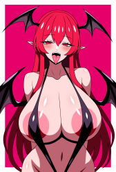 1girl absurdres areola_slip blush breasts cleavage collarbone demon demon_girl demon_wings highres huge_breasts koakuma large_areolae midriff navel pointy_ears slingshot_swimsuit slit_pupils smile solo ssaf_seibeupail swimsuit tongue tongue_out touhou wings