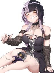 Rule 34 | 1girl, absurdres, between legs, black arm warmers, black choker, black dress, black hair, black nails, blush, breasts, choker, cleavage, commentary, dress, english commentary, grey hair, highres, hololive, hololive english, large breasts, long hair, mmneko, multicolored hair, novelites (shiori novella), shiori novella, shiori novella (1st costume), split-color hair, striped arm warmers, two-tone hair, virtual youtuber, yellow eyes