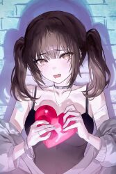 1girl absurdres bandaged_arm bandages bare_shoulders black_choker black_shirt breasts brown_eyes brown_hair camisole choker collarbone commentary english_commentary fang grey_jacket heart highres holding holding_heart jacket jewelry long_hair looking_at_viewer necklace off_shoulder open_mouth original shadow shirt sleeveless sleeveless_shirt small_breasts solo spaghetti_strap tearing_up twintails upper_body yjs0803123