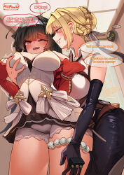 Rule 34 | ..., 2girls, absurdres, artist name, astra yao, bangboo (zenless zone zero), black gloves, black hair, black pants, black ribbon, blonde hair, blush, bow, braid, braided bun, breasts, chest strap, collared shirt, dress, elbow gloves, embarrassed, english text, evelyn chevalier, from below, full-face blush, gloves, grabbing another&#039;s breast, groping, hair bun, hair ribbon, hand on another&#039;s chest, hand on another&#039;s thigh, high-waist pants, highres, jewelry, large breasts, latex pants, lipstick, long hair, long ribbon, looking at another, looking at viewer, makeup, miimach7, multiple girls, panties, pants, pink lips, purple eyes, red eyes, ribbon, shirt, single elbow glove, single glove, sleeveless, sleeveless shirt, smile, standing, teeth, thigh strap, thighlet, thighs, tight clothes, tight pants, underwear, upskirt, very long hair, white bow, white dress, white panties, white shirt, yuri, zenless zone zero
