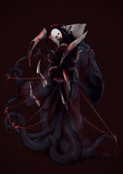 1other black_coat coat full_body highres library_of_ruina long_sleeves project_moon red_background ribbed_coat simple_background string teeth tentacles the_carnival_(project_moon) white_mask wide_sleeves yatsumeunagi