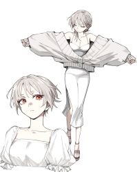 1girl breasts cleavage closed_eyes closed_mouth collarbone commentary dress english_commentary flower full_body grey_hair hair_flower hair_ornament highres looking_at_viewer medium_hair multiple_girls off-shoulder_sweater off_shoulder original platform_sandals red_eyes sandals short_hair simple_background sweater tsu_(lovesick1964) two_(tsu_(lovesick1964)) white_background white_dress