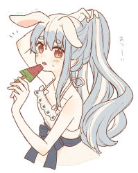 1girl animal_ears animal_print artist_name bare_shoulders blue_hair blue_ribbon blush dress eating food highres holding holding_food holding_own_hair holding_popsicle hololive long_hair looking_at_viewer multicolored_hair open_mouth ponytail popsicle rabbit-shaped_pupils rabbit_ears rabbit_girl rabbit_print red_eyes ribbon short_eyebrows simple_background sleeveless sleeveless_dress solo symbol-shaped_pupils thick_eyebrows traum38 two-tone_hair upper_body usada_pekora virtual_youtuber watermelon_bar white_background white_dress white_hair