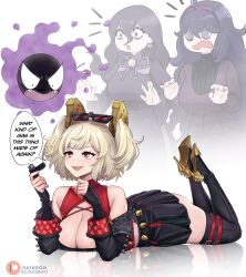 3girls absurdres bags_under_eyes black_jacket black_skirt blonde_hair boots breasts burnice_white commentary creatures_(company) dismaiden english_commentary eyewear_on_head game_freak gastly gen_1_pokemon hex_maniac_(pokemon) hex_maniac_(pokemon_legends:_z-a) high_heel_boots high_heels highres jacket large_breasts multiple_girls nintendo pokemon pokemon_(creature) pokemon_legends:_z-a pokemon_xy red-tinted_eyewear red_eyes skirt spiked_jacket sunglasses thigh_boots tinted_eyewear twintails zenless_zone_zero