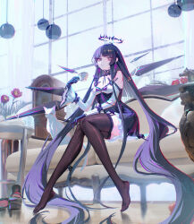 1girl absurdly_long_hair animal arknights bare_shoulders black_dress black_eyes black_gloves black_hair black_halo brown_thighhighs cat chromatic_aberration clock closed_mouth commentary cup dark_halo dress flower frilled_dress frills full_body gloves halo highres holding indoors knees_together_feet_apart long_hair long_sleeves looking_at_viewer pink_flower purple_hair sansan_(dongfangzhong111) short_dress sitting solo teacup thighhighs very_long_hair virtuosa_(arknights) white_cat white_sleeves window
