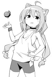 1girl :d absurdres ahoge anbe_masahiro animal_ear_fluff animal_ears bike_shorts cat_ears cat_girl check_gender choker cowboy_shot gender_request greyscale hand_on_own_hip hand_up highres hinata_channel low_twintails monochrome nekomiya_hinata open_mouth smile solo twintails virtual_youtuber wristband