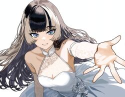 araraa322 bare_shoulders black_hair detached_sleeves dress halterneck highres hololive hololive_dev_is juufuutei_raden long_hair looking_at_viewer multicolored_hair reaching reaching_towards_viewer see-through_clothes see-through_sleeves sleeveless sleeveless_dress streaked_hair two-tone_hair virtual_youtuber wedding_dress white_dress white_hair