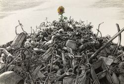 absurdres chair cupboard flower flower_focus grey_sky highres ibsukionsen junk junkyard no_humans original painting_(medium) pile plant plant_focus scenery shelf sky sunflower traditional_media wheel yellow_flower