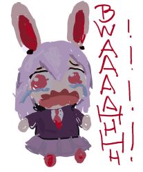 Rule 34 | 1girl, amapy, animal ears, blazer, crying, fumo (doll), jacket, long hair, necktie, pink skirt, purple hair, rabbit ears, rabbit girl, red eyes, red necktie, reisen udongein inaba, skirt, touhou