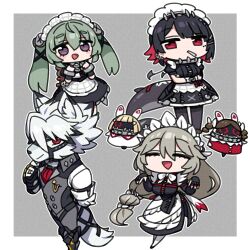 1boy 3girls alexandrina_sebastiane anastella_(zenless_zone_zero) apron arm_behind_back bangboo_(zenless_zone_zero) black_dress black_hair black_ribbon chan_co chibi closed_eyes commentary_request corin_wickes crossed_arms dress drusilla_(zenless_zone_zero) ellen_joe fins fish_tail furry furry_male green_hair grey_hair hair_between_eyes hair_ribbon long_hair maid maid_apron maid_day maid_headdress multicolored_hair multiple_girls open_mouth pants pantyhose red_eyes red_hair ribbon screw_hair_ornament shark_tail shirt simple_background tail twintails very_long_hair vest von_lycaon white_apron wolf_boy zenless_zone_zero