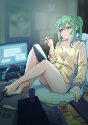 1girl barefoot computer_keyboard controller feet game_controller green_eyes green_hair highres light_blush long_hair looking_at_viewer monitor original ponytail stylus toes yujian_simeng