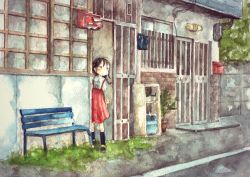 1girl :o absurdres bench black_hair blush child chyoma commentary door female_focus graphite_(medium) highres house long_hair mailbox original painting_(medium) plant potted_plant road scenery skirt sliding_doors solo street suspender_skirt suspenders traditional_media tree wall watercolor_(medium)