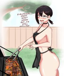 1girl absurdres apron ass bare_shoulders black_apron black_eyes black_hair blue_sky blush breasts chainsaw_man constricted_pupils cooking cowboy_shot darboo day fence from_side gradient_background grass grill grilling higashiyama_kobeni highres looking_at_viewer medium_breasts naked_apron open_mouth outdoors ponytail public_indecency shiny_skin short_hair short_ponytail sky solo standing tree wooden_fence