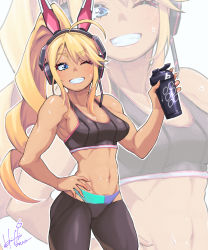 ahoge blonde_hair blue_eyes blush bottle breasts cleavage commentary_request curly_hair hand_on_own_hip headset highres holding holding_bottle hori_shin long_hair looking_at_viewer medium_breasts muscular muscular_female one_eye_closed original pants ponytail signature smile sports_bra sports_drink sweat tsurime yoga_pants zoom_layer