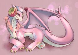 1girl claws closed_mouth dragon dragon_girl dragon_horns dragon_tail dragon_wings dragonmaid_ernus duel_monster full_body highres horns long_hair lying nurse_dragonmaid pink_eyes pink_hair pink_scales simple_background solo suiroku tail western_dragon wings yu-gi-oh!