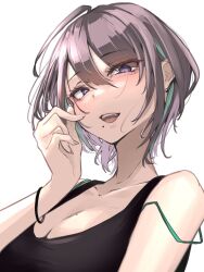 1girl :d akiyama_cz4a bare_shoulders black_shirt blue_hair bracelet breasts cleavage collarbone commentary_request earrings fang fingernails hand_on_own_cheek hand_on_own_face hand_up highres jewelry looking_at_viewer looking_down medium_breasts mole mole_under_mouth multicolored_hair nail_polish narrowed_eyes open_mouth original pink_nails purple_eyes purple_hair scoop_neck shirt side_ahoge smile solo strap streaked_hair stud_earrings teeth upper_body upper_teeth_only