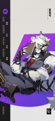 1boy absurdres animal_ears artist_request black_gloves book calendar_(medium) commentary copyright_name english_commentary fingerless_gloves furry furry_male gloves grey_pants grey_vest highres holding holding_book looking_at_viewer male_focus may official_art pants prosthesis prosthetic_leg red_eyes shirt sitting tail vest von_lycaon white_shirt wolf_boy wolf_ears wolf_tail zenless_zone_zero