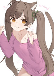 1girl ahoge animal_ear_fluff animal_ears bare_shoulders binsen brown_eyes brown_hair cat_ears closed_mouth collarbone green_ribbon hair_ribbon hakozaki_serika hands_up heart highres idolmaster idolmaster_million_live! kemonomimi_mode leaning_forward long_hair looking_at_viewer musical_note pink_sweater ribbon simple_background smile solo sweater twintails white_background