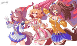 3girls absurdres animal_ears armor ascot asymmetrical_gloves belt belt_buckle black_bra black_gloves black_thighhighs blue_belt blue_eyes blue_jacket blue_ribbon blue_skirt blue_sleeve_cuffs bow bra bracer breasts brown_hair buckle buttons cape cleavage coat coat_on_shoulders collared_shirt cropped_legs crown diamond_button ear_ornament ear_ribbon el_condor_pasa_(umamusume) epaulettes eyelashes floating_cape floating_clothes floating_hair frilled_skirt frills gloves hair_between_eyes hair_ornament hair_scrunchie hand_on_own_chest hands_up happy height_difference high-waist_skirt high_ponytail highres horse_ears horse_girl horse_tail jacket large_breasts legs_apart lineup long_hair looking_at_viewer low-tied_long_hair mibukyt mini_crown miniskirt mismatched_gloves multicolored_hair multicolored_jacket multiple_girls neck_ribbon open_mouth orange_hair outstretched_hand pauldrons pink_ascot pink_crown pink_ribbon pink_skirt pleated_skirt ponytail purple_eyes red_cape red_coat red_mask ribbon scrunchie shirt short_hair shoulder_armor simple_background skirt sleeve_cuffs smile standing streaked_hair striped_clothes striped_skirt t.m._opera_o_(umamusume) tail teeth thighhighs tokai_teio_(umamusume) two-tone_jacket two-tone_skirt umamusume underwear vertical-striped_clothes vertical-striped_skirt white_background white_gloves white_scrunchie white_shirt white_skirt white_sleeve_cuffs white_thighhighs wrestling_mask yellow_corset yellow_jacket