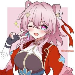 1girl bell belt black_gloves blue_belt blue_eyes blush bokutaaaa border breasts cropped_jacket earrings fingerless_gloves gloves hair_intakes hair_ornament hairpin high_belt highres honkai:_star_rail honkai_(series) jacket jewelry jingle_bell long_sleeves looking_at_viewer mandarin_collar march_7th_(honkai:_star_rail) march_7th_(hunt)_(honkai:_star_rail) medium_breasts medium_hair missing_commentary multicolored_eyes official_alternate_costume official_alternate_hairstyle one_eye_closed open_clothes open_jacket open_mouth outside_border pink_background pink_eyes pink_hair pink_pupils puffy_sleeves red_jacket shuangyaji single_earring smile twitter_username two-tone_eyes upper_body v white_border white_sleeves