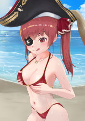 1girl 5% :q bare_shoulders bicorne bikini black_hat blush breast_hold breasts cleavage eyepatch gold_trim hair_ribbon halterneck hat heart heart_necklace highres hololive houshou_marine houshou_marine_(summer) jewelry large_breasts long_hair looking_at_viewer navel necklace pirate red_bikini red_eyes red_hair red_ribbon ribbon smile solo string_bikini swimsuit thighs tongue tongue_out twintails virtual_youtuber wet