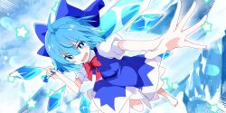 1girl barefoot blue_bow blue_dress blue_eyes blue_hair blush bow bowtie cirno collared_shirt crystal_sword detached_wings dress game_cg hair_bow highres holding holding_sword holding_weapon ice ice_wings ixy looking_at_viewer official_art open_mouth pinafore_dress puffy_short_sleeves puffy_sleeves red_bow red_bowtie shirt short_sleeves sleeveless sleeveless_dress smile solo star_(symbol) sword third-party_source toes touhou touhou_lostword weapon white_shirt wings