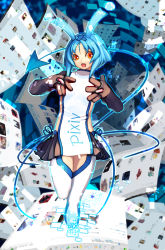 1girl animal_ears bad_id bad_pixiv_id blue_hair digital_dissolve fang female_focus highres open_mouth orange_eyes original pixiv pixiv-tan rabbit_ears red_eyes short_hair smile solo tail tsunekun