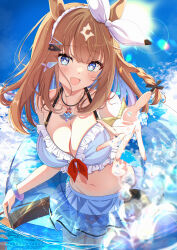1girl :d absurdres almond_eye_(umamusume) animal_ears bikini blue_bikini blue_eyes blue_hair blue_innertube blue_sky blush breasts brown_hair cleavage cloud colored_inner_hair commentary curled_fingers day frilled_bikini frills hairband halterneck heart heart_in_eye highres holding holding_swim_ring horse_ears horse_girl innertube juri-arima large_breasts long_hair looking_at_viewer multicolored_hair navel offering_hand open_mouth outstretched_arm purple_hair sky smile solo star-shaped_pupils star_(symbol) swim_ring swimsuit symbol-shaped_pupils symbol_in_eye transparent_innertube umamusume unfinished white_hairband