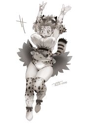 Rule 34 | 1girl, animal ears, animal print, blush, bow, bowtie, breasts, buruma, cat ears, cat girl, cat tail, covered erect nipples, dress, elbow gloves, extra ears, falling, floating hair, full body, gloves, high-waist skirt, kemono friends, large breasts, midair, navel, nyororiso (muyaa), open mouth, outstretched arms, print bow, print bowtie, print dress, print skirt, serval (kemono friends), shirt, shoes, short hair, skirt, sleeveless, solo, tail, thighhighs