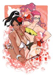Rule 34 | 2girls, adjusting eyewear, bare shoulders, bikini, black hair, blue eyes, bracelet, breasts, brown eyes, cleavage, closed mouth, collarbone, fatal fury, fatal fury: city of the wolves, fingerless gloves, flat chest, flower, folded fan, folding fan, frilled bikini, frills, glasses, gloves, hair flower, hair ornament, halterneck, hand fan, hand on another&#039;s waist, hand on own hip, high ponytail, highres, holding, holding fan, jewelry, large breasts, long hair, motoyui, multiple girls, nail polish, necklace, one eye closed, orange nails, parted lips, pink hair, ponytail, preecha (fatal fury), red flower, red gloves, rocohisaya, shiranui mai, side-tie bikini bottom, smile, swimsuit, tan, tanline, white bikini