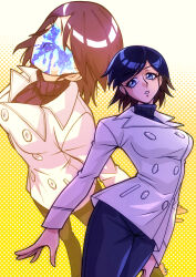 Rule 34 | 2girls, aradia (megami tensei), black hair, black pants, blue eyes, buttons, coat, commission, cowboy shot, demon (megami tensei), faceless, faceless female, facial tattoo, highres, inkblot, jacket, multiple girls, pants, pixiv commission, polka dot, polka dot background, saika (pixiv43370196), shin megami tensei, shin megami tensei iii: nocturne, short hair, sweater, takao yuko, tattoo, turtleneck, turtleneck sweater, white coat, white jacket, yellow background