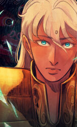 Rule 34 | 1boy, ameliecausse, armor, bindi, bishounen, blonde hair, blue eyes, demon, facial mark, forehead mark, gold armor, gold cloth, gold saint, highres, long hair, looking at viewer, male focus, portrait, saint seiya, solo, unusually open eyes, virgo shaka