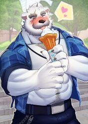 1boy abs absurdres animal_ears another_eidos-r bara bear bear_boy bear_ears beard black_pants blue_shirt blush claws closed_eyes commentary_request facial_hair food furry furry_male heart highres holding holding_ice_cream_cone ice_cream ice_cream_cone jewelry kou_(kouga0225) licking_food looking_to_the_side male_focus muscular muscular_male necklace nipples open_clothes open_shirt pants pectorals polar_bear scar scar_across_eye scar_across_eyebrow scar_on_face shirt sigvaldi_(another_eidos) speech_bubble spoken_heart tongue tongue_out unbuttoned unbuttoned_shirt white_fur