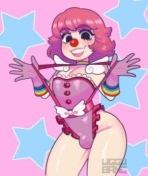 1boy ace_attorney black_eyes bulge clown clown_nose cowboy_shot eyelashes geiru_toneido genderswap genderswap_(ftm) gloves hands_up highres leotard looking_at_viewer male_focus multicolored_choker open_mouth pectoral_cleavage pectorals phoenix_wright:_ace_attorney_-_spirit_of_justice pink_gloves pink_hair pink_leotard rainbow_choker red_nose short_hair smile solo star_(symbol) star_symbol_background strapless strapless_leotard suspenders_pull teeth uggu_bang upper_teeth_only