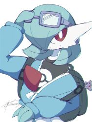 backpack bag black_shirt blue_jacket bob_cut colored_skin gardevoir gen_1_pokemon gen_3_pokemon gengar goggles goggles_on_head green_hair green_skin hair_over_one_eye jacket multicolored_skin narumiya_pkmn nintendo poke_ball_print pokemon pokemon_(creature) red_eyes shirt signature simple_background sketch two-tone_skin white_background white_skin